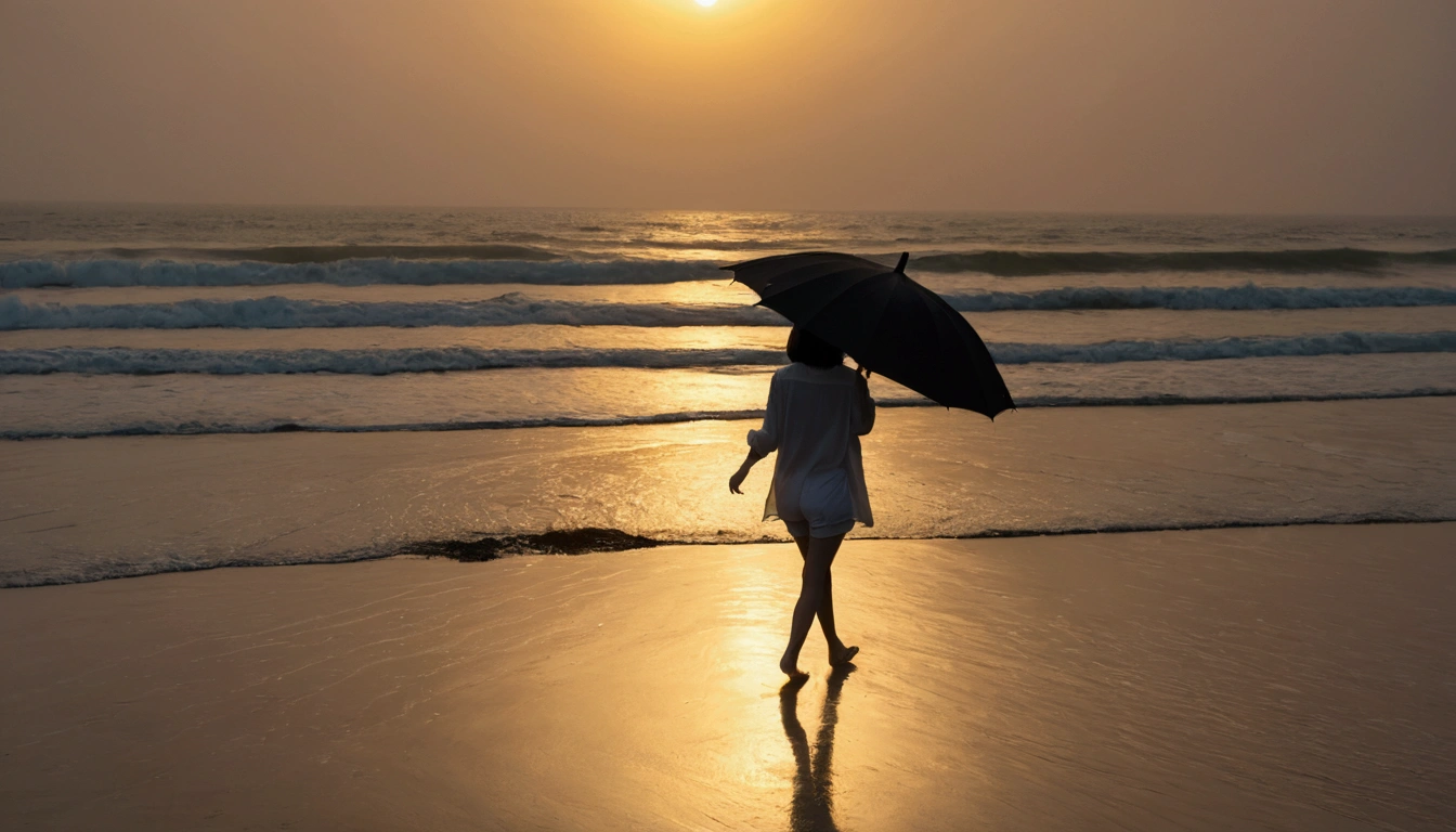 8k, Vivid picture quality, Vivid picture quality, long deserted beach, walking slowly from afar, Short hair, beautiful appearance, Model-like body, sunset의 붉은 빛, sunset, alone, afternoon, depressed, tide가 밀려온다, rain, medium size black umbrella, ocean, tide, wind, rain가 내리는, Short and slim Korean woman, tower, White shorts, rain가 내리는, walking on the beach with a black umbrella, the sun touches the horizon