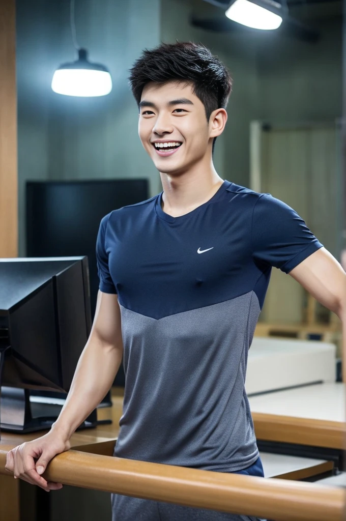 Korean man, Inspiration from Peng Yuyan, 23 years old, Korean muscular man ,The computer room is in the back, tight sports t-shirts, navy blue., open mouth smile