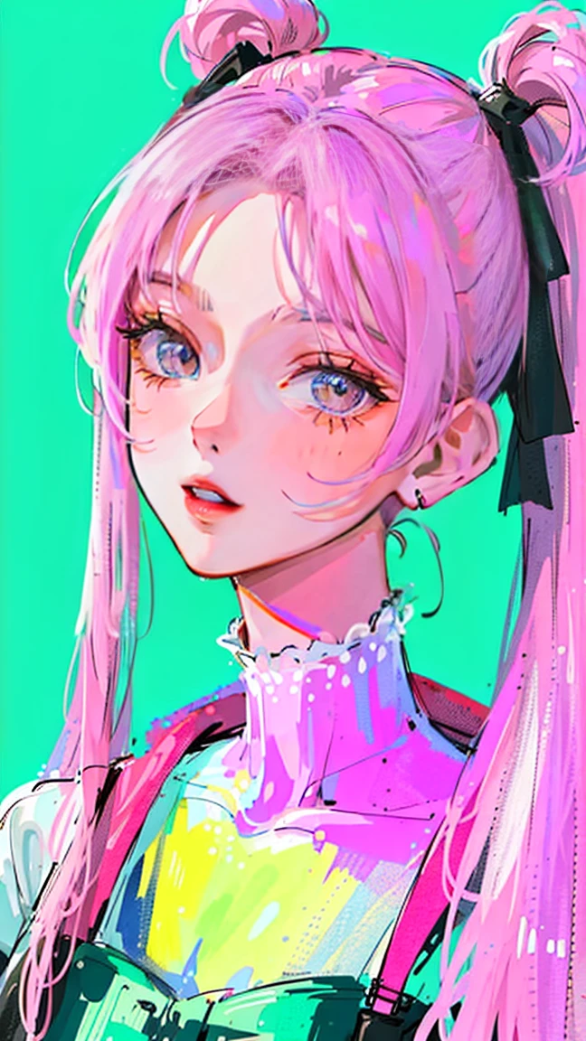 (Portraiture:1.4), (masterpiece:1.2, Highest quality:1.2), From above, Upper Body, One girl, look up, Face Focus, Highly detailed face, Very fine grain, good looking, compensate, pink pigtail, ribbon hairpiece, sharp eyes, Fashion Wear, Earrings,