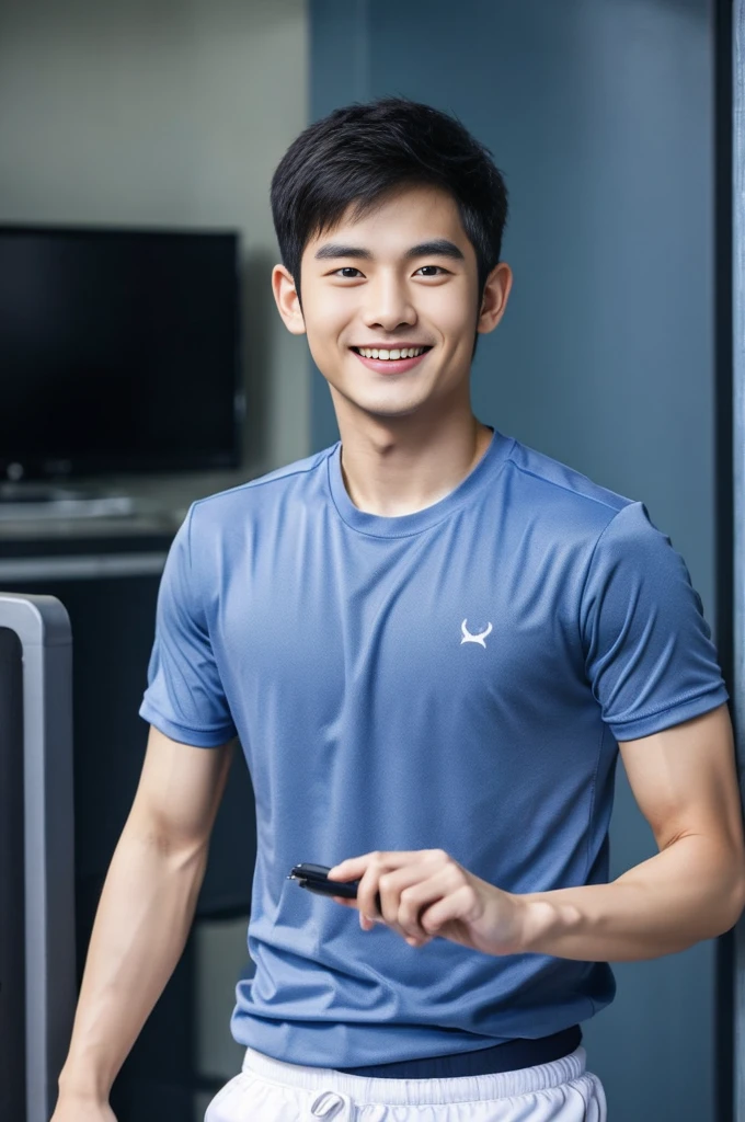 Korean man, Inspiration from Peng Yuyan, 23 years old, Korean muscular man ,The computer room is in the back, tight sports t-shirts, navy blue., open mouth smile