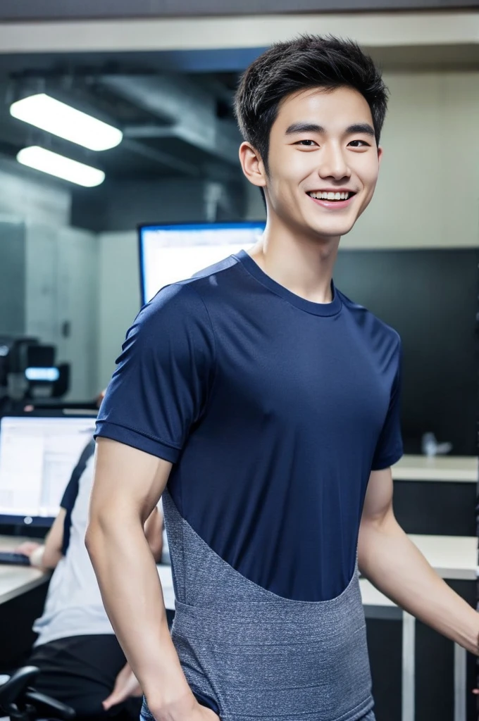Korean man, Inspiration from Peng Yuyan, 23 years old, Korean muscular man ,The computer room is in the back, tight sports t-shirts, navy blue., open mouth smile