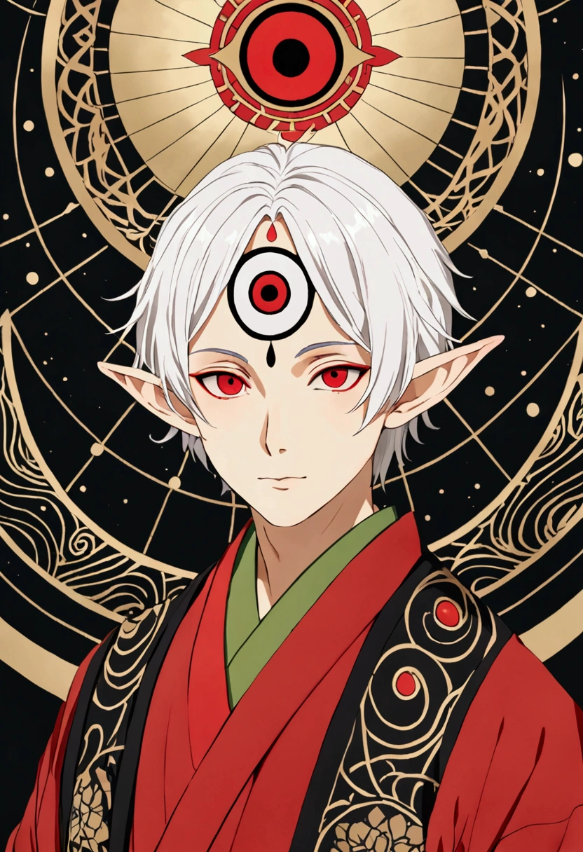 illustration，(((1 Boy，独奏，third eye on the forehead，Dark eyeshadow.Middle-parted white hair-super short hair，Elf ears))),(((Gorgeous Japanese red kimono：1.6，Eye Diagram，Dark Pattern))).(((Thin waist，Greenbelt：1.37)))，Soft and elegant colors