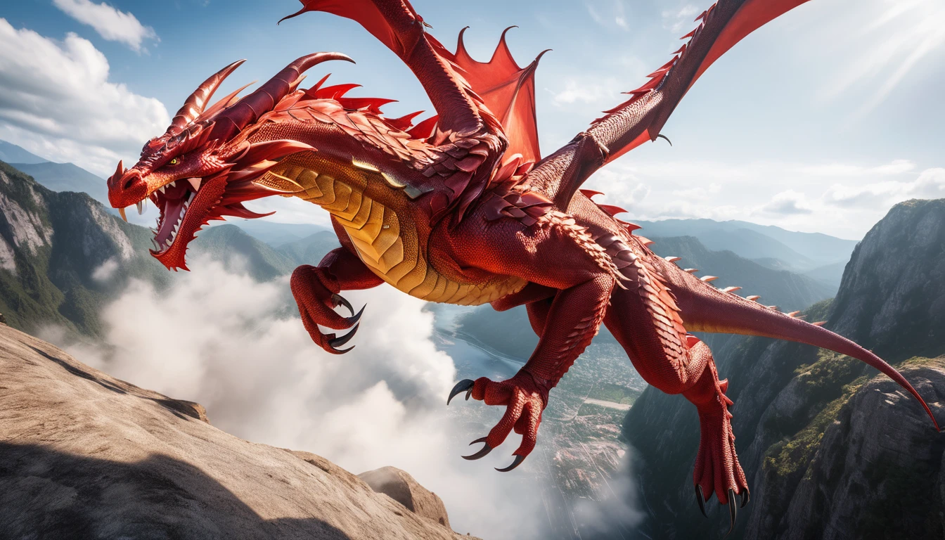 Realistic photos, RAW Photos, red dragon, attacks viewer, Powerful movements, jump on prey, ((Dynamic jump)), Sharp Claws, red dragon approaching from above, sudden approach, Bad-tempered, dynamic Shot from grand