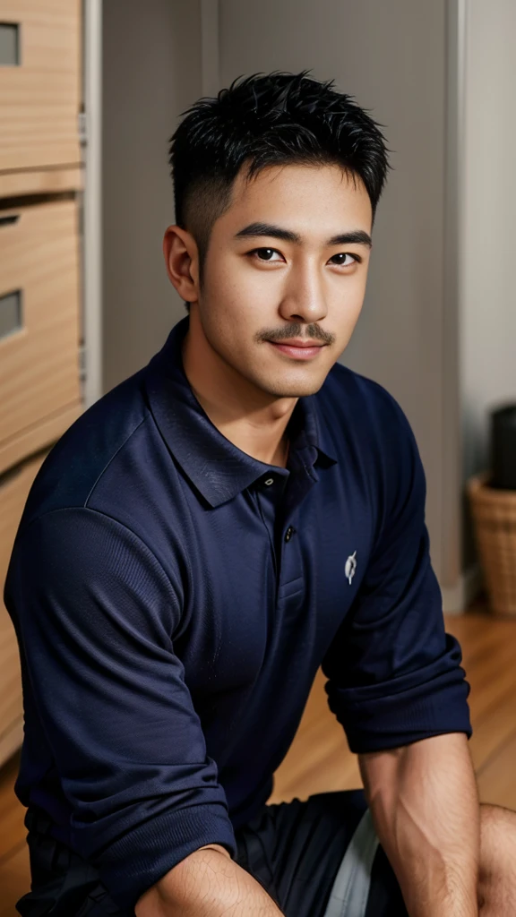 Masterpiece, best quality, high resolution, realistic, handsome, Take beautiful photos, A photo of a 35-year-old Gym Association member sitting on the floor. (The man has a thin mustache.) ,Full body, Portrait, Standing in the locker room, make military media, weight, Amazing , Buzzcut short hair,stubble head , (Hyper Muscle),looking at the audience, Flirt with the camera, charming, (Tight navy blue polo shirt Cargo pants ),(GS-Male:1), 8k,Bokeh,Portrait,look at the viewer, smile
