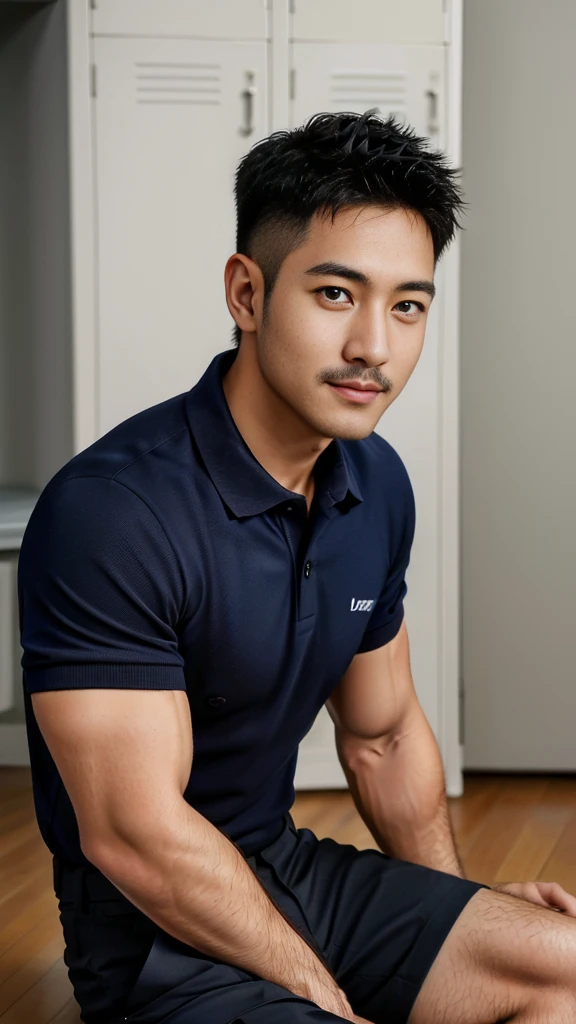 Masterpiece, best quality, high resolution, realistic, handsome, Take beautiful photos, A photo of a 35-year-old Gym Association member sitting on the floor. (The man has a thin mustache.) ,Full body, Portrait, Standing in the locker room, make military media, weight, Amazing , Buzzcut short hair,stubble head , (Hyper Muscle),looking at the audience, Flirt with the camera, charming, (Tight navy blue polo shirt Cargo pants ),(GS-Male:1), 8k,Bokeh,Portrait,look at the viewer, smile 