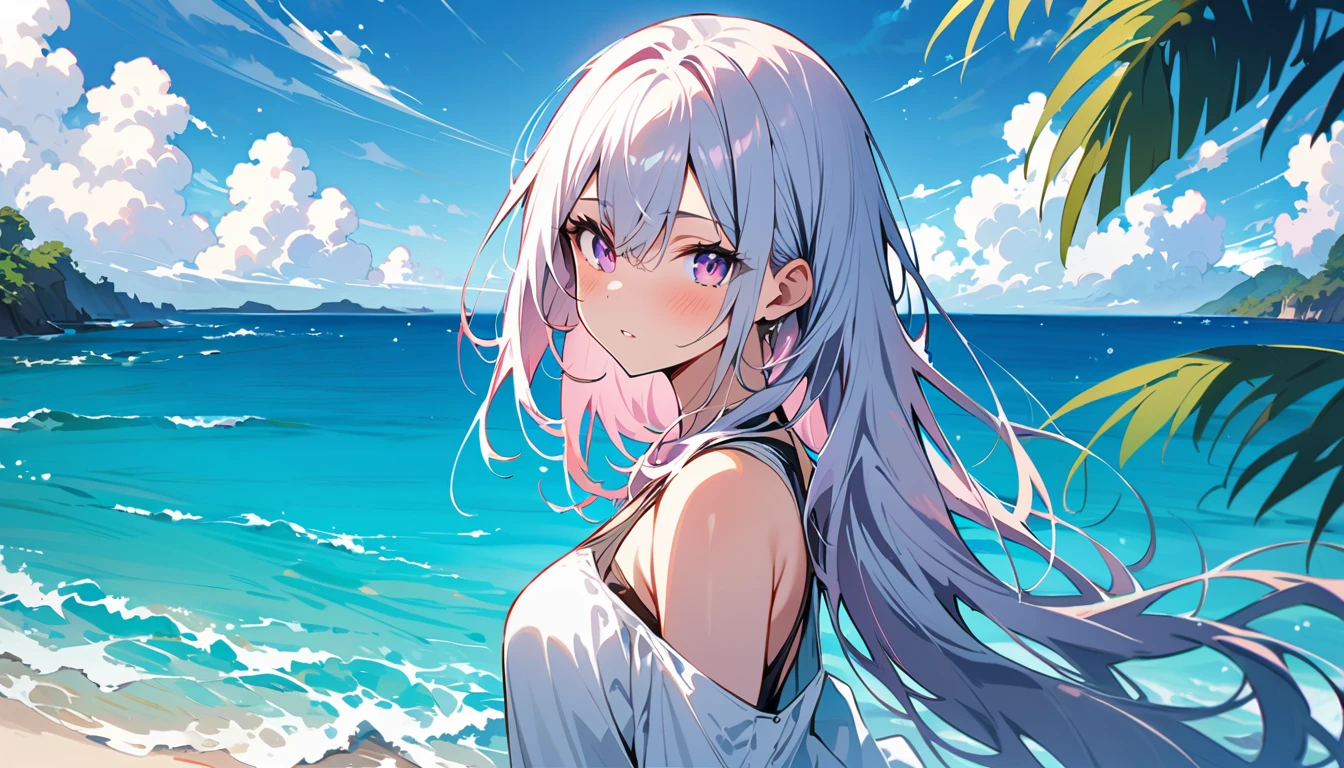 (masterpiece, Highest quality:1.2), 1 Girl, alone,Eyes open,Tropical atmosphere,Ocean,It's dusk