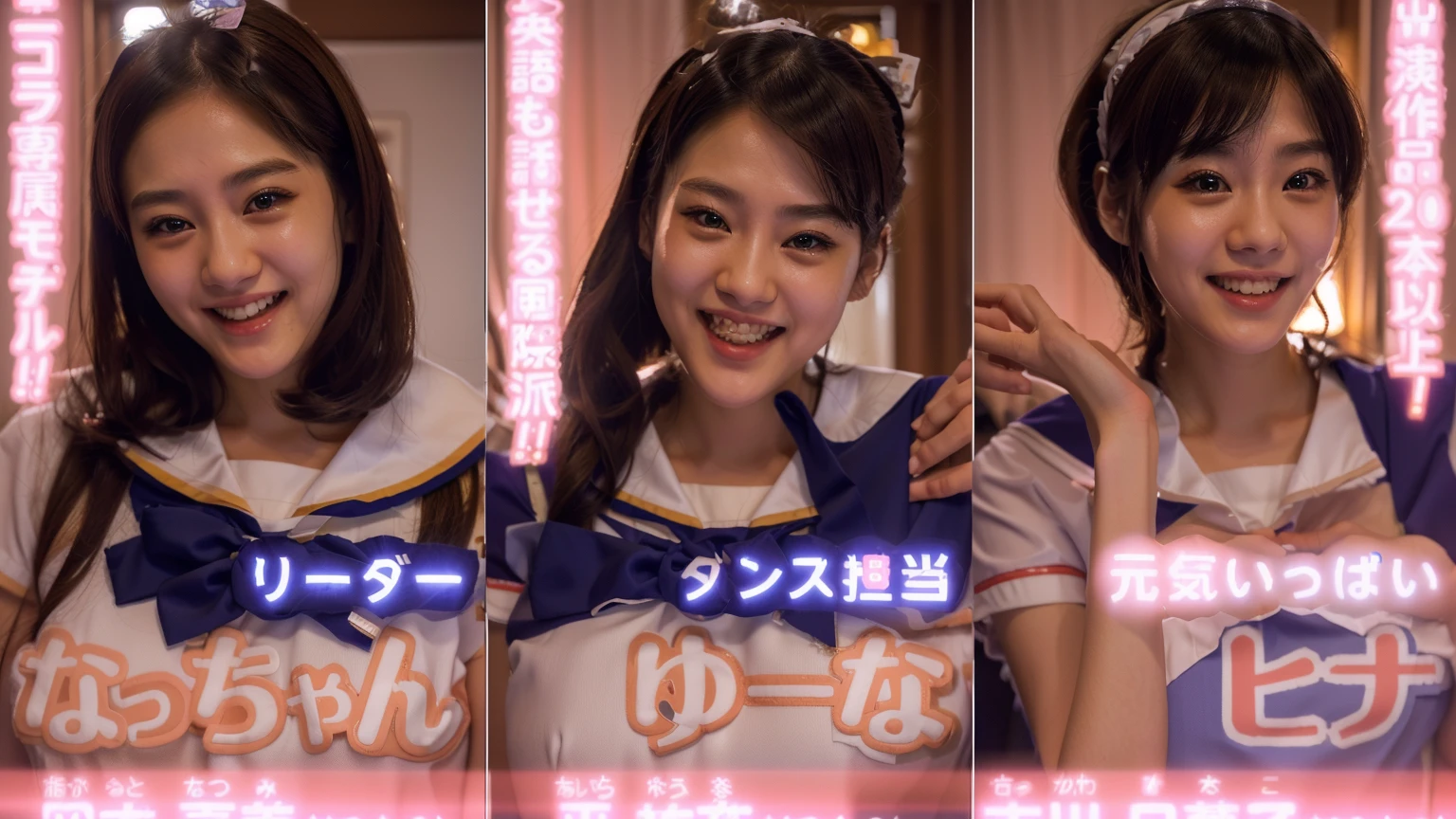 Three girls in sailor suits are posing for photo, Japanese live-action films, Japanese TV Programs, Shy smile, mitsumayo, seifuku, Japanese facial features, Nano Girl v2, Japanese maid cafe, mitose, Nagatoro, A shy smile, kimi takemura, Ehime, smileing nright, tsutomo nihie