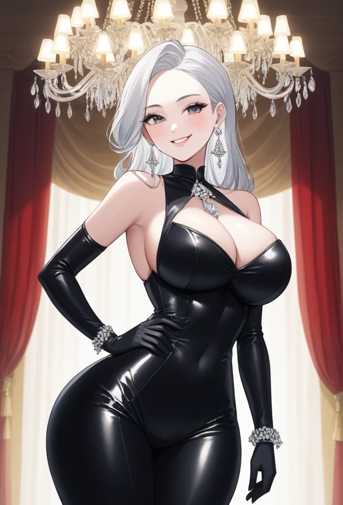 score_9, score_8_up, score_7_up, score_6_up, score_5_up, score_4_up, yu smiling, , detailed face, big silver chandelier earrings, makeup,white skin,sharp jawline ,big earrings,tight black leather suit,hand gloves, bracelet, breasts, curvy body ,full body