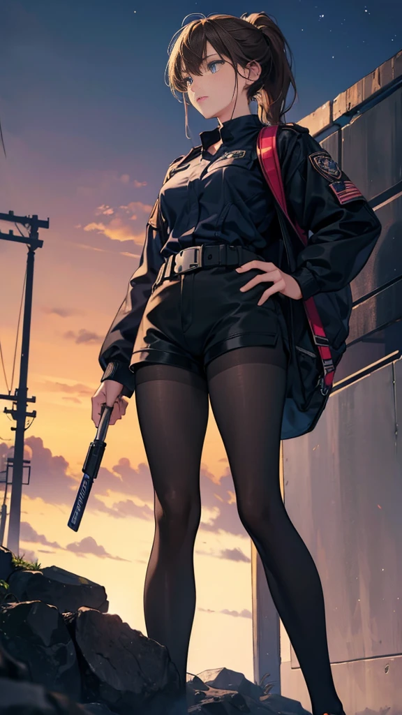 {{masterpiece}}, {{{best quality}}},{{ultra-detailed}}, {{illustration}},{{tall stature}},{{adult women}},((Black tights and shorts)),Small breasts,Slender,{{Hands on hips}},((Leggings with integrated shorts)), Female police officer Brown hair ponytail Place your hands on your knees 1 female,alone, City of night long sleeve police uniform Black pantyhose View from below Black Belt