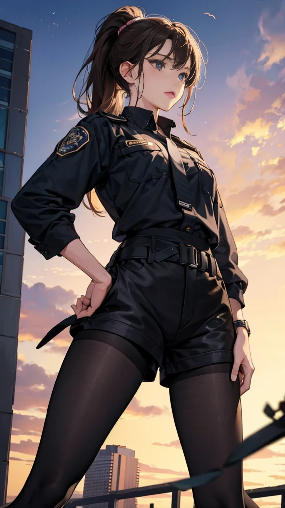 {{masterpiece}}, {{{best quality}}},{{ultra-detailed}}, {{illustration}},{{tall stature}},{{adult women}},((Black tights and shorts)),Small breasts,Slender,{{Hands on hips}},((Leggings with integrated shorts)), Female police officer Brown hair ponytail Place your hands on your knees 1 female,alone, City of night long sleeve police uniform Black pantyhose View from below Black Belt