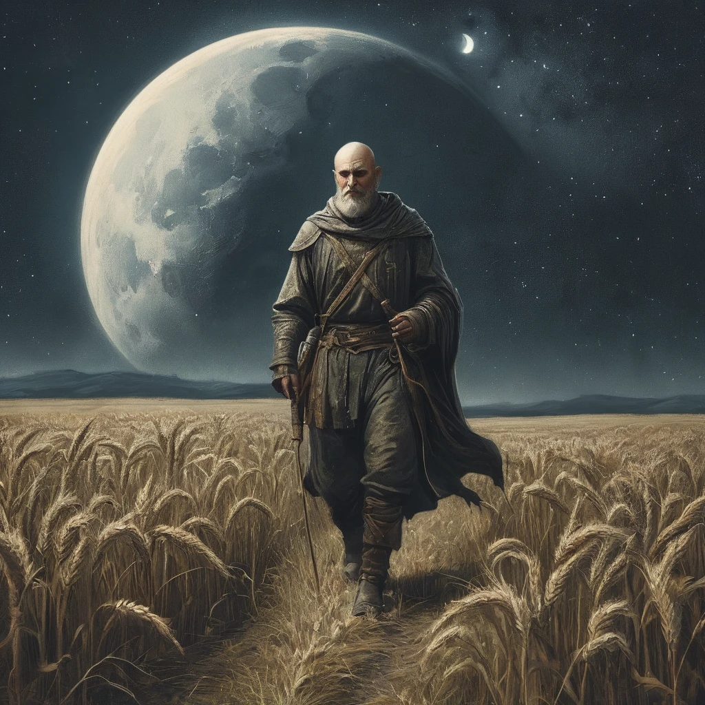 Create an image of a bald, bearded man walking through a wheat field at night, dressed in a rugged medieval outfit. The man’s attire is worn and practical, consisting of a leather tunic and weathered trousers, with a cloak that flutters slightly in the night breeze.
In one hand, he holds a bottle of beer, its dark liquid catching the faint light of the moon. In his other hand, he carries a piece of lamb meat wrapped in a simple cloth. The moonlight casts a soft, silver glow over the scene, illuminating the rippling wheat stalks and creating a stark contrast against the dark, starry sky.
The wheat field stretches out around him, the golden stalks swaying gently in the night breeze, creating a serene yet somewhat eerie atmosphere. The man’s expression is a mix of satisfaction and contemplation, as if he’s enjoying a moment of solitude and reflection amidst his journey.
This image captures a unique blend of medieval life and nighttime tranquility, highlighting the man's simple pleasures and the peaceful, if solitary, beauty of the wheat field under the night sky.