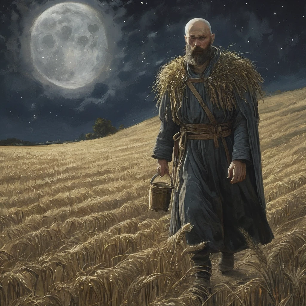 Create an image of a bald, bearded man walking through a wheat field at night, dressed in a rugged medieval outfit. The man’s attire is worn and practical, consisting of a leather tunic and weathered trousers, with a cloak that flutters slightly in the night breeze.
In one hand, he holds a bottle of beer, its dark liquid catching the faint light of the moon. In his other hand, he carries a piece of lamb meat wrapped in a simple cloth. The moonlight casts a soft, silver glow over the scene, illuminating the rippling wheat stalks and creating a stark contrast against the dark, starry sky.
The wheat field stretches out around him, the golden stalks swaying gently in the night breeze, creating a serene yet somewhat eerie atmosphere. The man’s expression is a mix of satisfaction and contemplation, as if he’s enjoying a moment of solitude and reflection amidst his journey.
This image captures a unique blend of medieval life and nighttime tranquility, highlighting the man's simple pleasures and the peaceful, if solitary, beauty of the wheat field under the night sky.