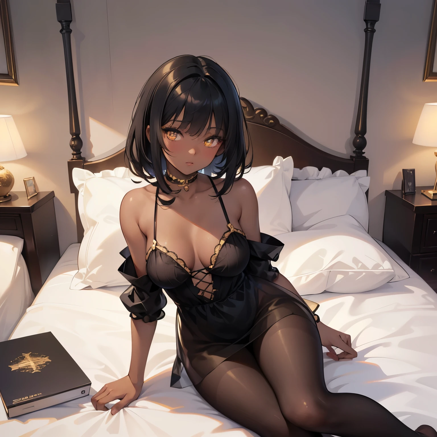 Digital Art, Digital Illustration, Ultra-detailed, beautiful image, Sharp Image, dark skinned girl, casual nightwear, nylon tights, trending at cgstation, anime barbie doll,  trending on cgstation, anime vtuber full body model, ((black hair color)), (((golden eyes))), (s old), (round breasts), on bed