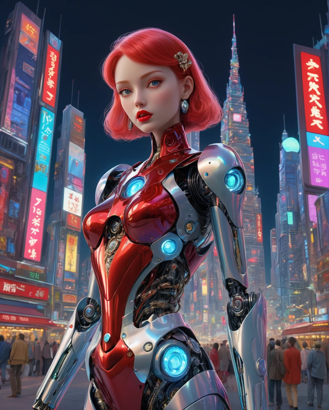 (gentle robotic) woman, (masterpiece), intricate details, retro, ((1999s anime)), ((best quality)), (bright colorful future city at night), (radiant long leather straps) iridescent [holographic metal tight], red buttoned device, iridescent metal, (diamond futuristic) jewelry, (red lips), translucent, tall thin, extremely detailed, covered, dynamic pose