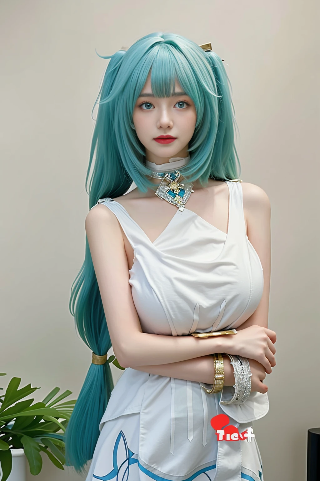  best quality, tmasterpiece,Ultra-high resolution,Clear face,（Reality：1.4），ferpect lighting，(upper body), (photorealistic:1.50), anime wallpaper, Guviz style artwork, cover-up fantasy up to magic , by Yang J, Guviz, beautiful artwork illustration, beautiful digital artwork, beautiful digital illustration, Li Song, beautiful anime portrait, art style in Beauvot, (bangs), 1girl,独奏, green eyes, Double eyelids, blush, smile, long hair, twintails , hair ribbon, (green hair1.5), (white dress:1.5), dress colection, (super Giant breasts:1.5), (shagging breasts:1.5), (looking at viwer:1.5), (standing), (Bare shoulders), (bare arms),(upper body), indoors, Background inside the house,