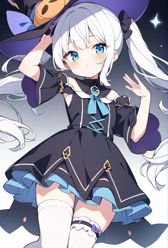 1 girl, cute, young, white hair, twintail, blue eyes, witch clothes, white thigh high,