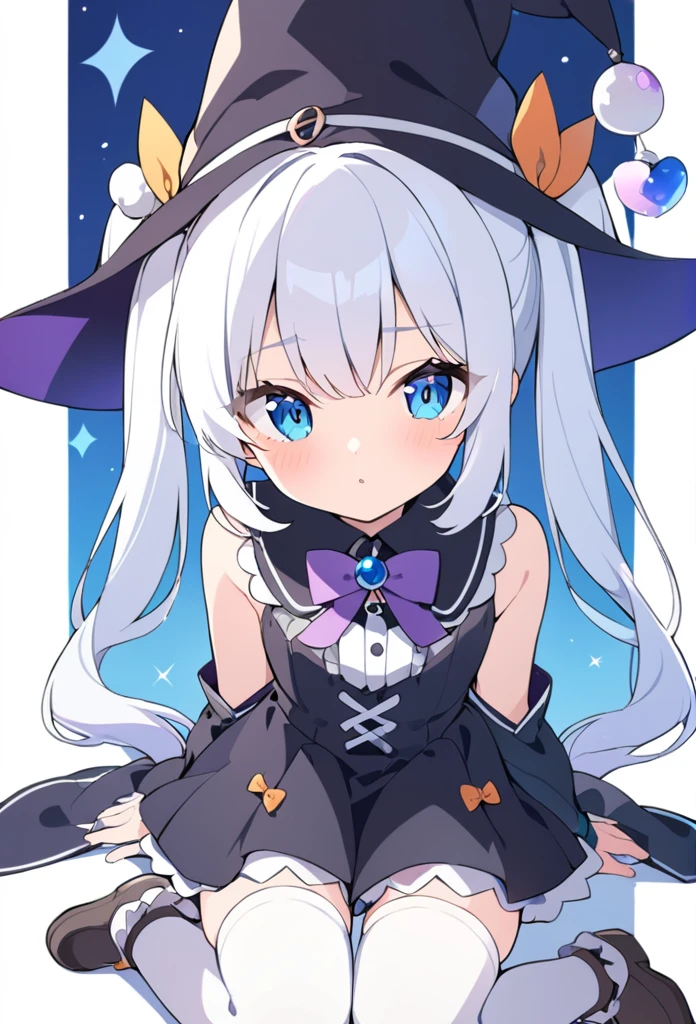 1 girl, cute, young, white hair, twintail, blue eyes, witch clothes, white thigh high,