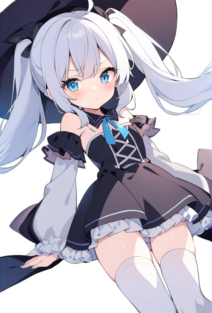 1 girl, cute, young, white hair, twintail, blue eyes, witch clothes, white thigh high,