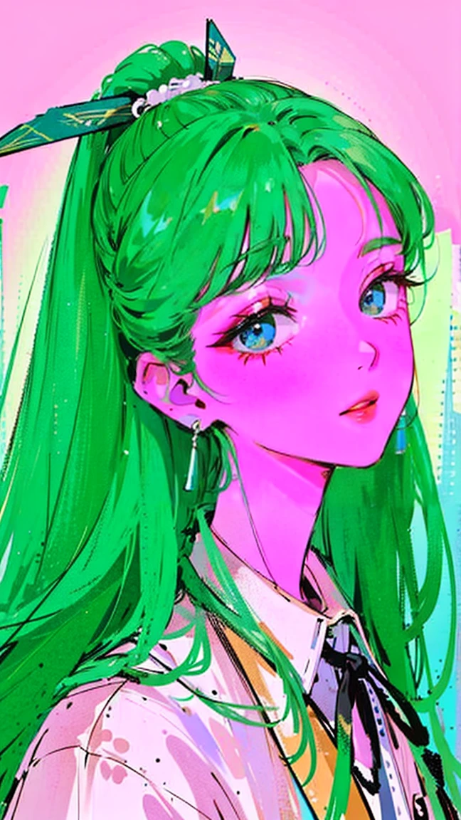 (Portraiture:1.4), (masterpiece:1.2, Highest quality:1.2), From above, Upper Body, One girl, look up, Face Focus, Highly detailed face, Very fine grain, good looking, compensate, green  wave hair, ribbon hairpiece, sharp eyes, Fashion Wear, Earrings,