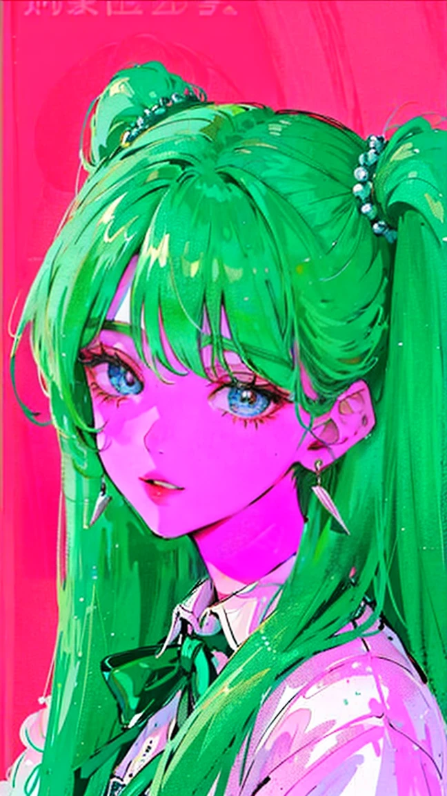 (Portraiture:1.4), (masterpiece:1.2, Highest quality:1.2), From above, Upper Body, One girl, look up, Face Focus, Highly detailed face, Very fine grain, good looking, compensate, green wave hair, ribbon hairpiece, sharp eyes, Fashion Wear, Earrings,