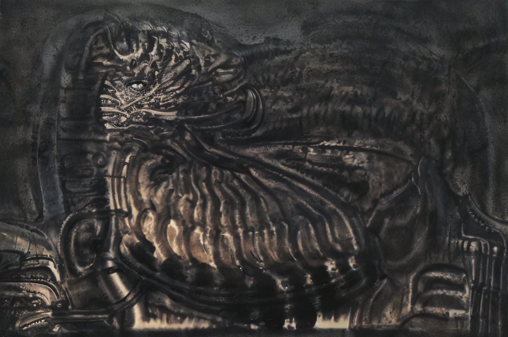g1g3r, The image is a detailed view of H.R. Giger's biomechanical tableau \" LANDSCAPE No 312 \" plate, featuring
a complex, intricate, and detailed design of endless machine in the transit space that appears to be a fusion of organic and mechanical elements, with a focus on the interplay between the two.
Sharp focus on foreground elements illustration. Deep and delicate DOF. Big painting. Stored in Louvre masterpiece, ooze soaked pajama top