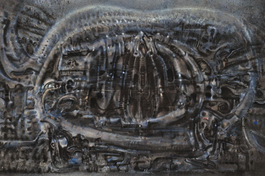 g1g3r, The image is a detailed view of H.R. Giger's biomechanical tableau \" LANDSCAPE No 312 \" plate, featuring
a complex, intricate, and detailed design of endless machine in the transit space that appears to be a fusion of organic and mechanical elements, with a focus on the interplay between the two.
Sharp focus on foreground elements illustration. Deep and delicate DOF. Big painting. Stored in Louvre masterpiece, ooze soaked pajama top
