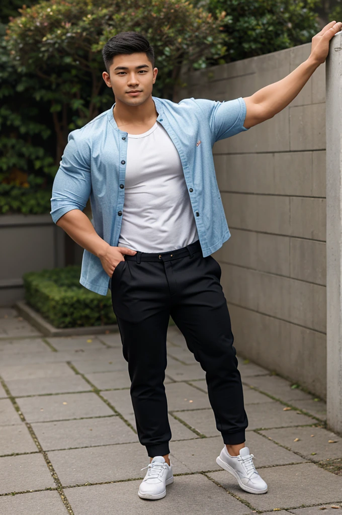 Wonderland, cards of various sizes, coins of various sizes, a young man aged 20, muscular Asian man, dashing and cool, wearing casual clothes and trousers, sports shoes,