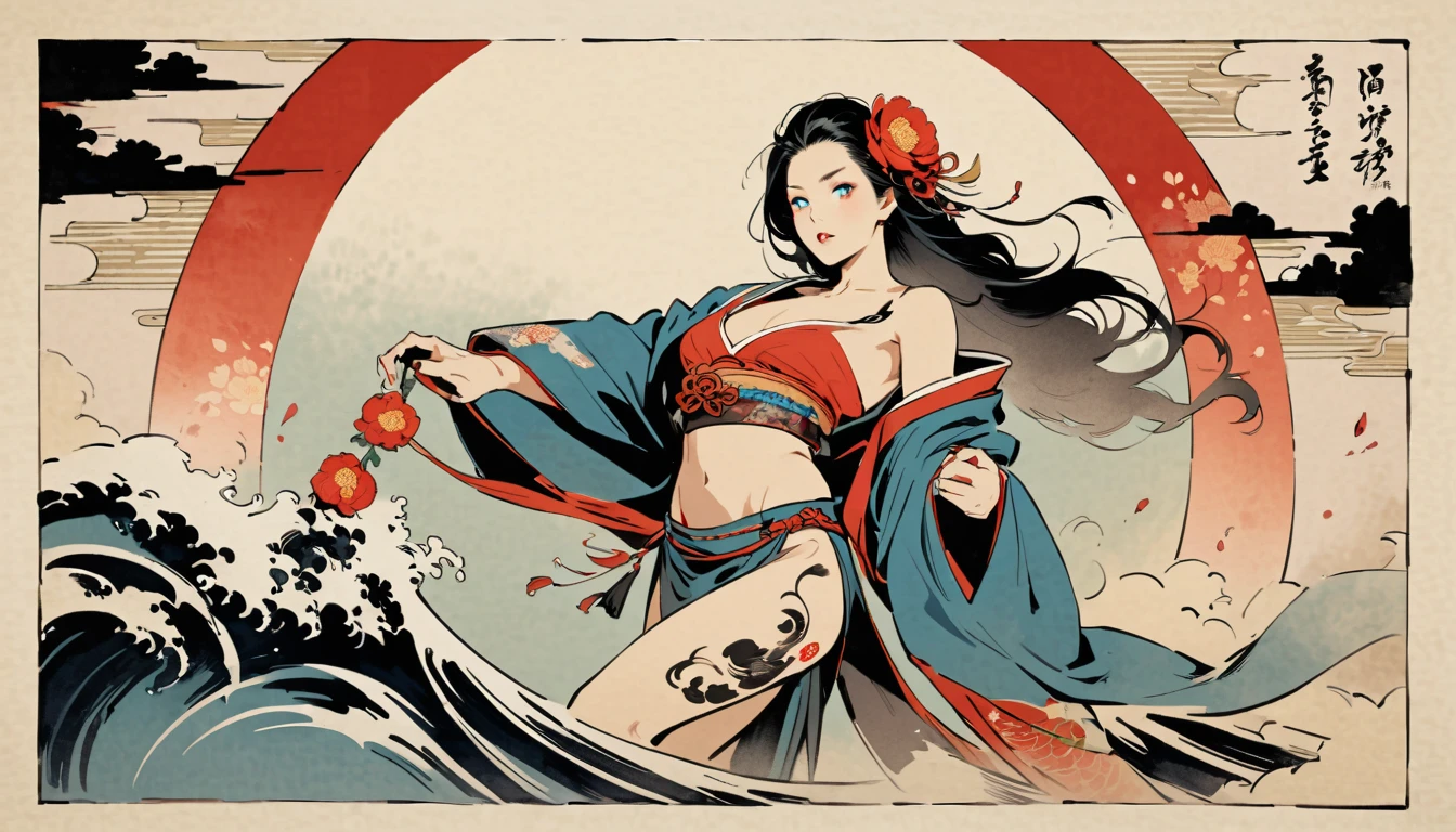 blue eyes, Baring his fangs, Ink Painting, peony, TATOO, Beautiful Japanese Woman, Delicate and precise, Thor, Modern ukiyo-e style,