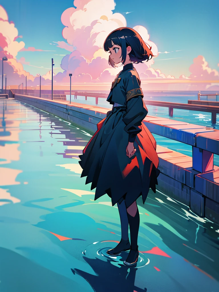 A girl stands leaning on the fence looking at the water