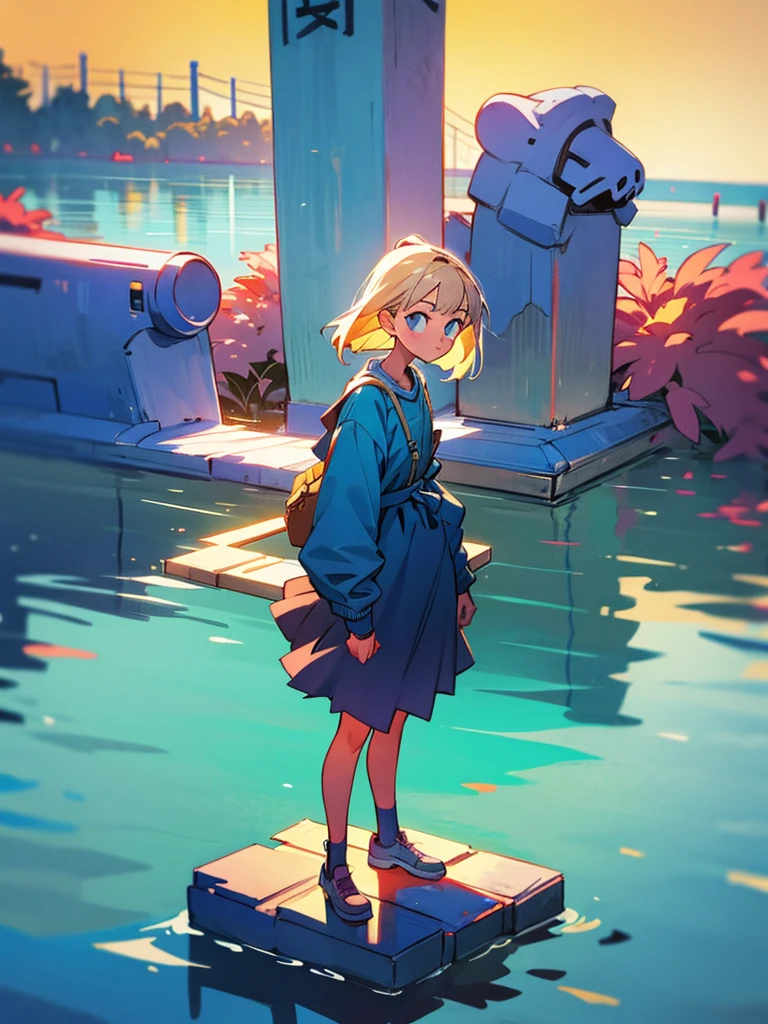 A girl stands leaning on the fence looking at the water 