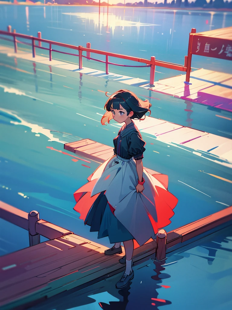 A girl stands leaning on the fence looking at the water