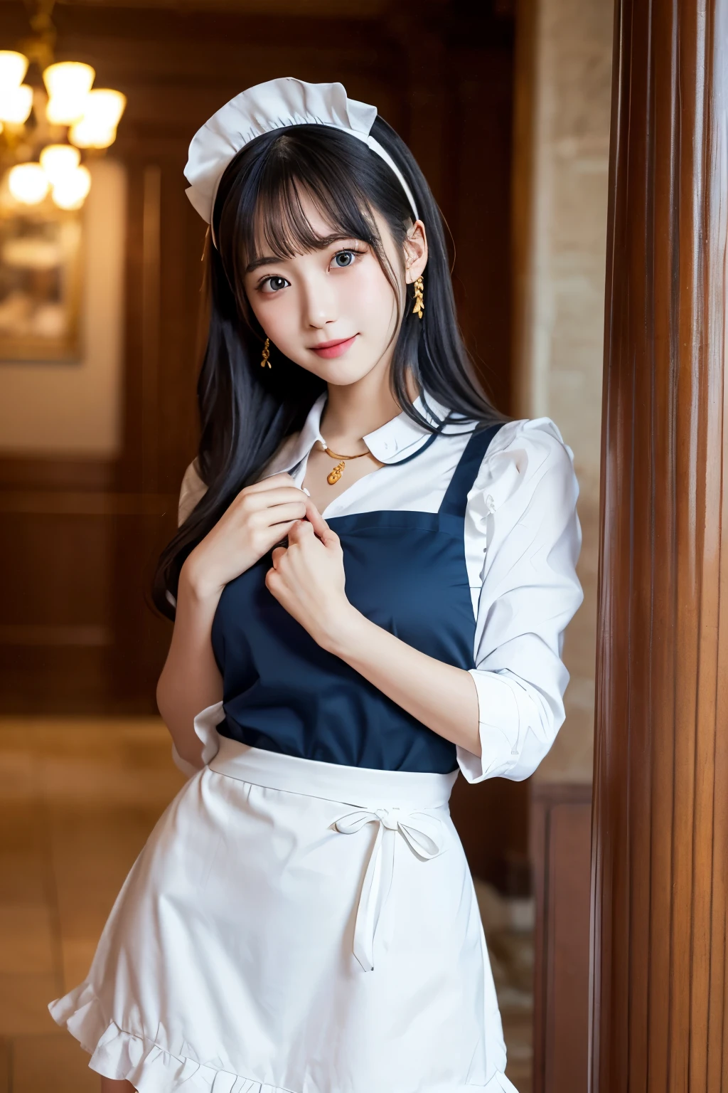 Detailed image of a young female character standing in a grand hall lined with marble columns。She has short, wavy blue hair、Has side fringe、Adorned with a white frilly headband and blue ribbon。Big blue eyes are kind、He has a slightly sad expression、There is a slight redness on the cheeks。She is wearing a classic maid outfit.、In a black puff sleeve dress、White apron with lace trim、And a blue ribbon on the neckline.。The apron has gold teardrop decorations.、It is secured by a thin gold chain。She is holding the skirt of her dress with one hand、It is lifted a little、Her other hand is delicately placed to touch the ribbon on her chest.。In the background there is a blurred white decorative building.、The soft, indirect lighting creates a calm and elegant atmosphere.。smile、Large Breasts、Large Breasts、Random sexy poses、