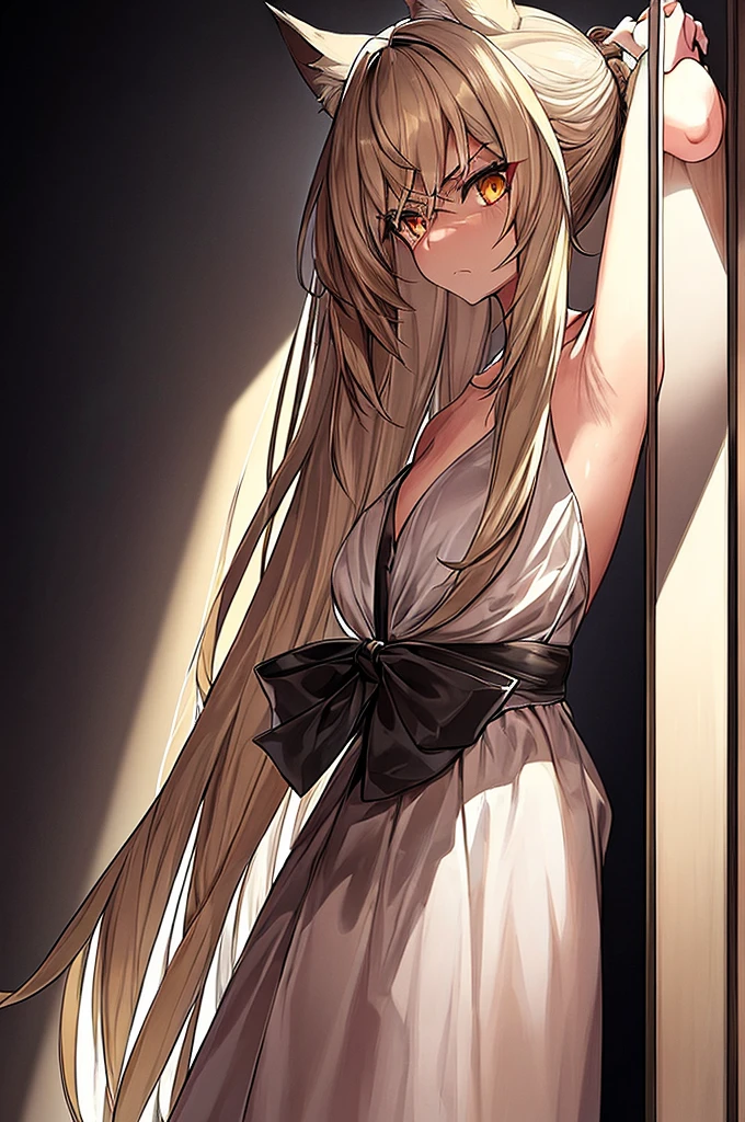 best quality, masterpiece, noir style, girl, beige skin, slightly hairy skin, hairy skin, brown eyes, long and disheveled beige hair, hair up in a white dress, black bow, menacing look, determined look, look straight ahead, serious , hairy skin, hair up, wolf skin. hairy skin, wolf skin, hairy face.