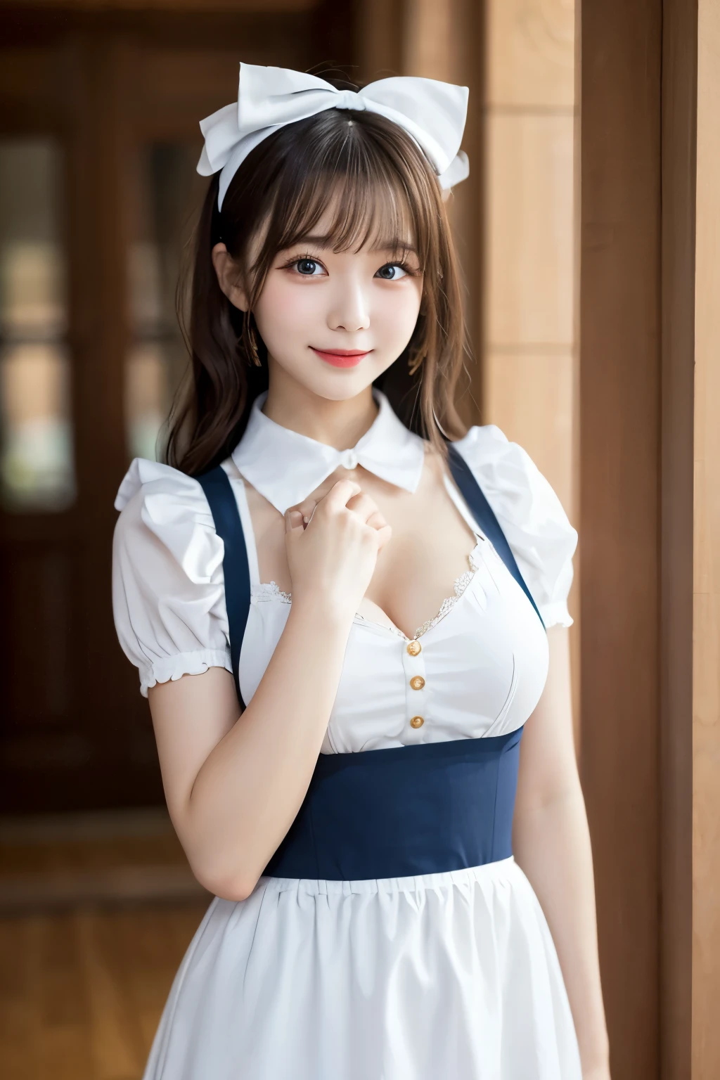 Detailed image of a young female character standing in a grand hall lined with marble columns。She has short, wavy blue hair、Has side fringe、Adorned with a white frilly headband and blue ribbon。Big blue eyes are kind、He has a slightly sad expression、There is a slight redness on the cheeks。She is wearing a classic maid outfit.、In a black puff sleeve dress、White apron with lace trim、And a blue ribbon on the neckline.。The apron has gold teardrop decorations.、It is secured by a thin gold chain。She is holding the skirt of her dress with one hand、It is lifted a little、Her other hand is delicately placed to touch the ribbon on her chest.。In the background there is a blurred white decorative building.、The soft, indirect lighting creates a calm and elegant atmosphere.。smile、Large Breasts、Large Breasts、Random sexy poses、