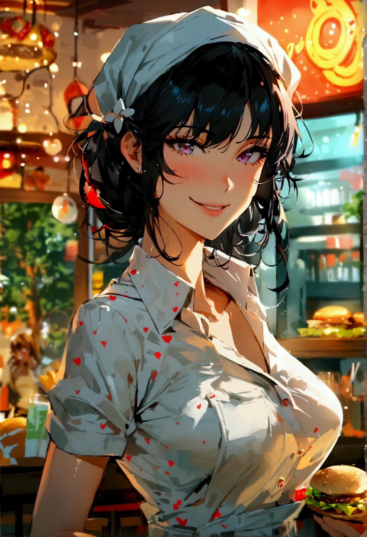 Highest quality,masterpiece,Burger Shop,Dark Hair,Extreme uniform,Nearly naked,Part-time jobs for high school students,Serving with a smile