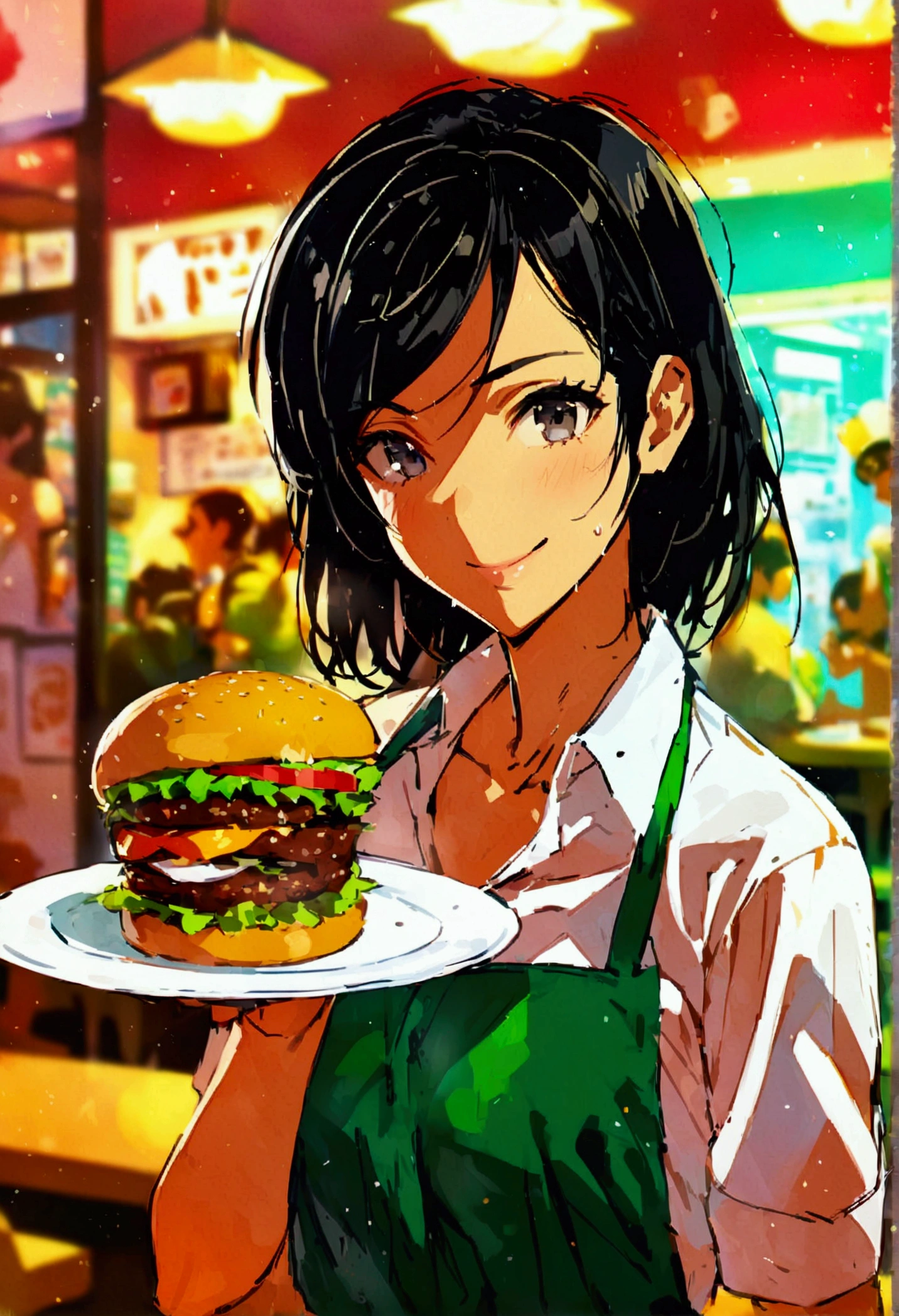 Highest quality,masterpiece,Burger Shop,Dark Hair,Extreme uniform,Nearly naked,Part-time jobs for high school students,Serving with a smile