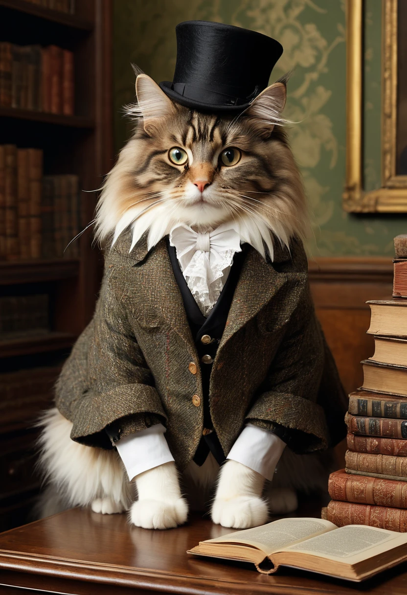 Realistic portrait of an animal in clothes - beautiful anthropomorphic Norwegian Forest Cat, Sherlock Holmes costumes、(1880An apartment on Baker Street in England in the 1970s、A desk piled with thick books), high quality,(Lovely) ,Intricate details, Very detailed (Tweed suit) ,Antique photos、Nostalgia、Very detailed decorations,, (Melancholy), Flickering candle light、Shimmer(Full body image:1.5)