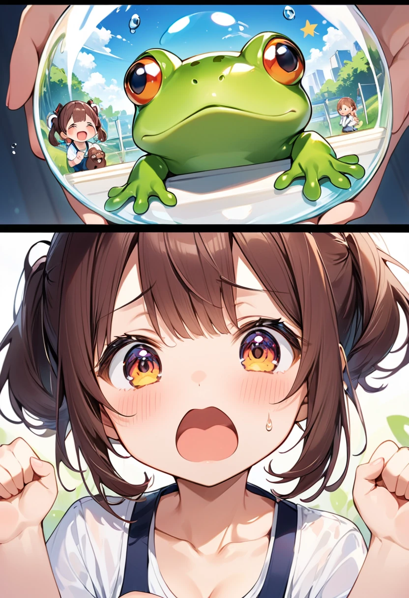 Highest quality、High resolution、Detailed Background、Beautiful face in every detail、Anatomically correct、Detailed facial expressions、fine grain、One Girl、Chibi Girl、Cute hair color、Braided twin tails、Elementary school students, (Tank top、Ｖneck、mini skirt、Cute Shoean tries to touch giant baby frog and gets his wrist eaten、Surprised expression、I have tears in my eyes、An expression that looks like it's about to cry、Shout with your mouth wide open、Close up hands、