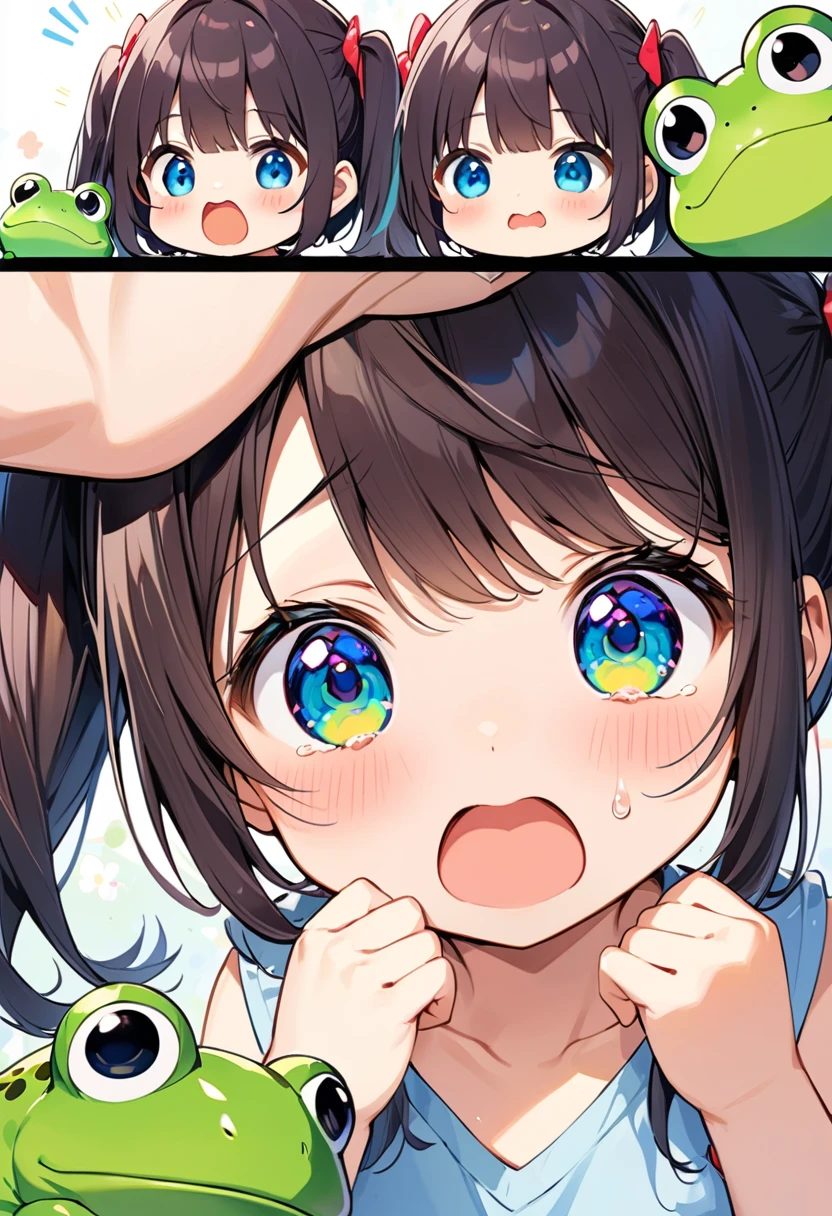 Highest quality、High resolution、Detailed Background、Beautiful face in every detail、Anatomically correct、Detailed facial expressions、fine grain、One Girl、Chibi Girl、Cute hair color、Braided twin tails、Elementary school students, (Tank top、Vneck、mini skirt、Cute Shoean tries to touch giant baby frog and gets his wrist eaten、Surprised expression、I have tears in my eyes、An expression that looks like it's about to cry、Shout with your mouth wide open、Close up hands、