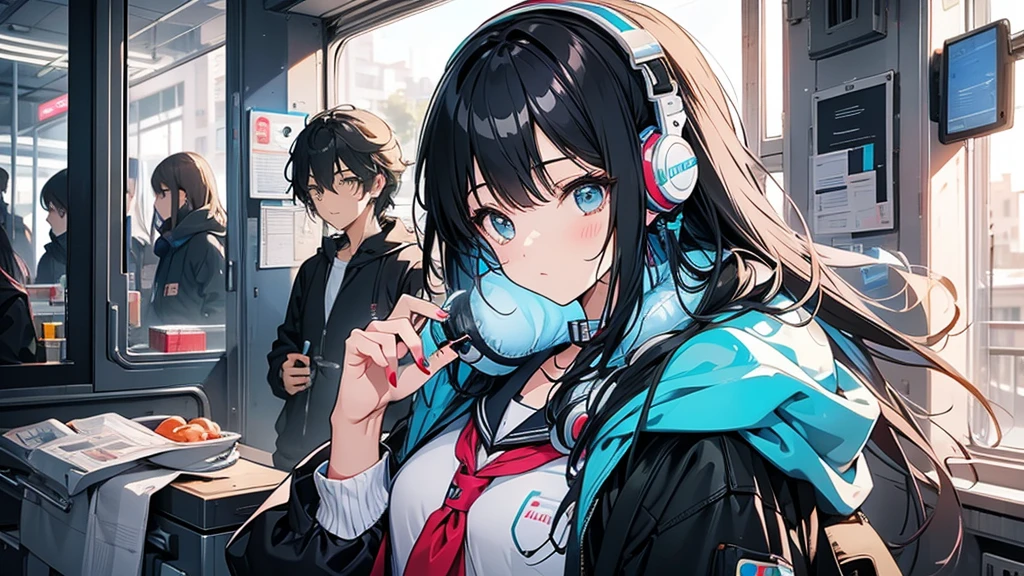 High school girl wearing headphones