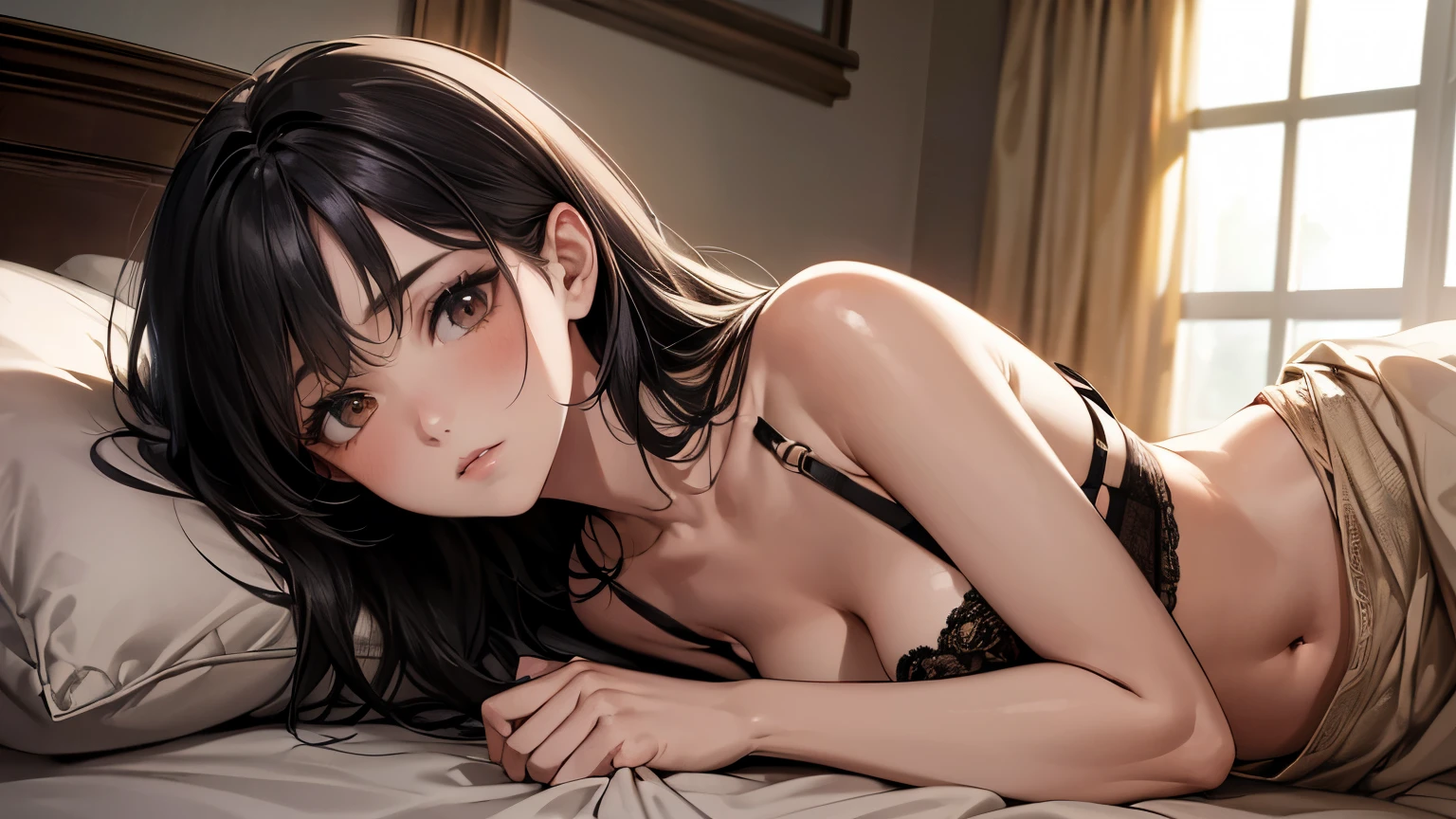 ((masterpiece, Highest quality, Best image quality, High resolution, Realistic, RAW Photos, 8k)), A young woman is lying on a bed.。She is wearing floral underwear、Hair is naturally spread out。The morning sun shines through the window、It creates a soft shadow on her body.。The room is calm and comfortable、There is a side table next to the bed with a few books and small items on it.。The bed is not made、Sheets and blankets are placed haphazardly。The color palette is centered around beige and orange.、Creating a relaxing and comfortable environment。Big , The cleavage is open,Long black hair,3-piece bra