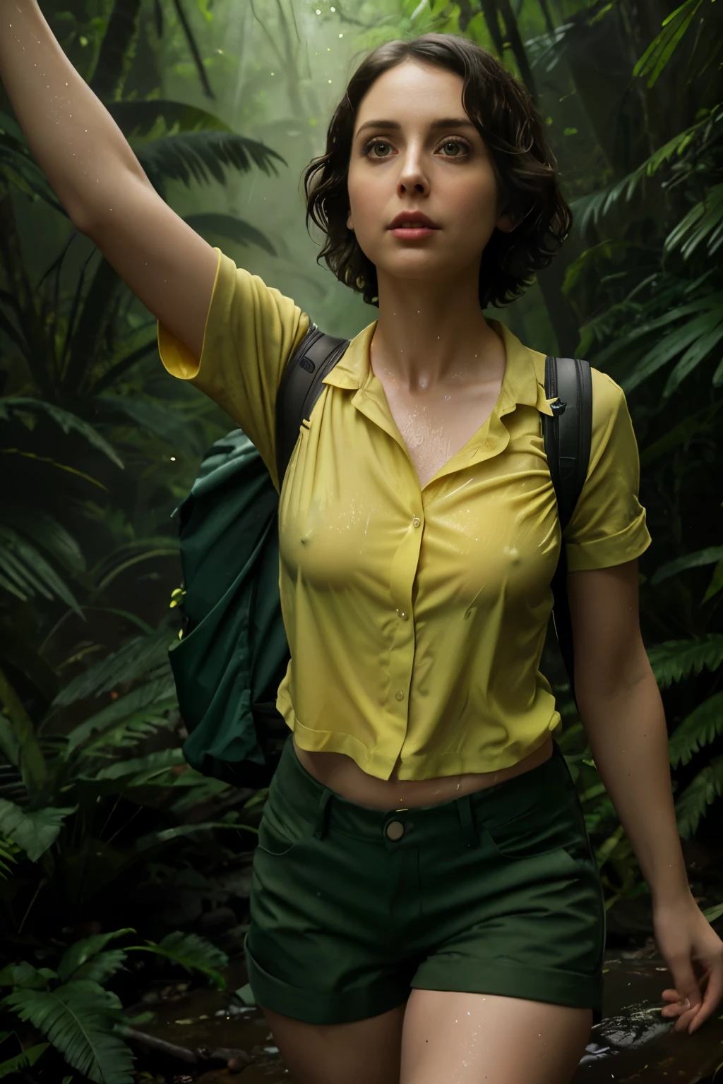 Alison Brie, Lush rainforest hiking expedition, 25yo woman, very short brunette hair, (yellow button down shirt), wetshirt, micro shorts, (khaki shorts), backpack, dense rain forest, midday, (ultra detailed face and eyes):1.3, 8k,adventurous trek,green foliage,natural explorer,high-quality jungle scene,vibrant ecosystem,high-definition,exotic,serene nature,clear lighting,wild and untouched,adventurous,refreshing.,cinematic film still of masterpiece,Hyperrealistic, cinematic film still photography