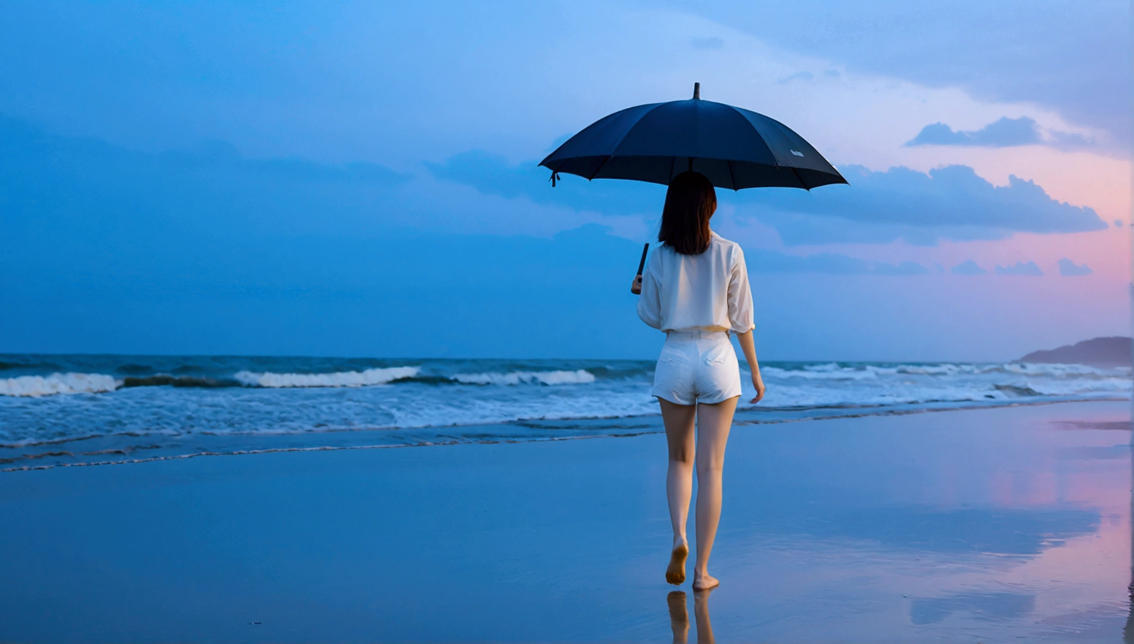 8k, Vivid picture quality, Vivid picture quality, long deserted beach, walking slowly from afar, Short hair, beautiful appearance, Model-like body, sunset의 붉은 빛, sunset, alone, afternoon, depressed, tide가 밀려온다, rain, medium size black umbrella, ocean, tide, wind, rain가 내리는, Clear picture quality, Short and slim Korean woman, tower, White shorts, rain가 내리는, walking on the beach with a black umbrella