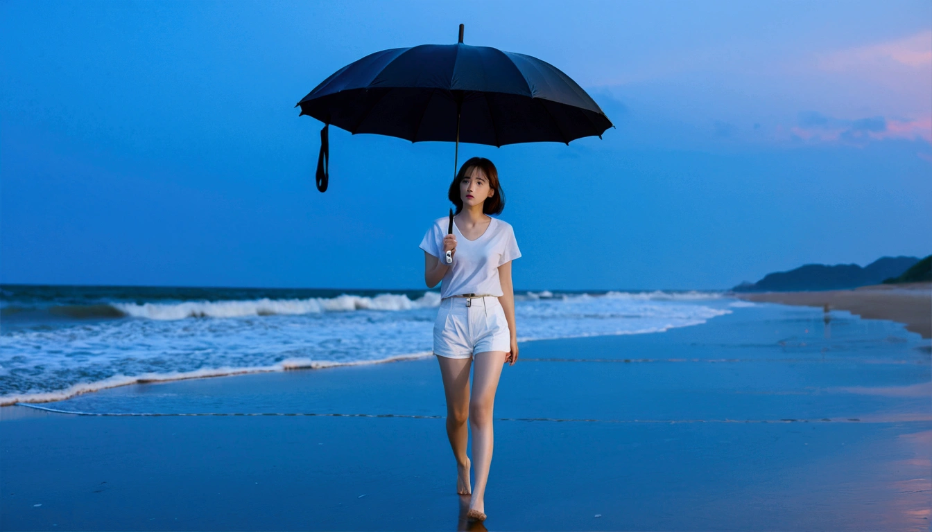 8k, Vivid picture quality, Vivid picture quality, long deserted beach, walking slowly from afar, Short hair, beautiful appearance, Model-like body, sunset의 붉은 빛, sunset, alone, afternoon, depressed, tide가 밀려온다, rain, medium size black umbrella, ocean, tide, wind, rain가 내리는, Clear picture quality, Short and slim Korean woman, tower, White shorts, rain가 내리는, walking on the beach with a black umbrella