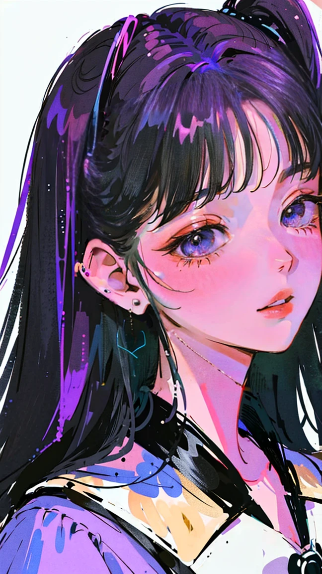 (Portraiture:1.4), (masterpiece:1.2, Highest quality:1.2), From above, Upper Body, One girl, look up, Face Focus, Highly detailed face, Very fine grain, good looking, compensate, purple wolf cut hair, ribbon hairpiece, round eyes, smiles, Fashion Wear, Earrings,