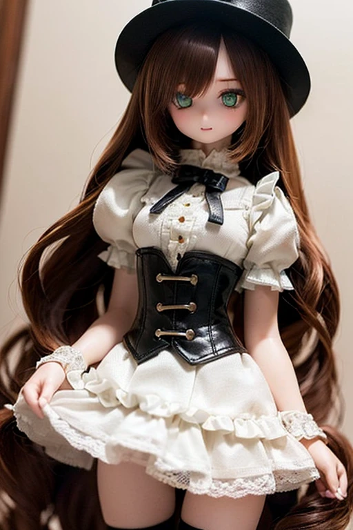 photorealistic, realistic photo, 8k, ((highest quality)), ((masterpiece)), (extremely detailed), kukolnydom, doll, (mature woman, 21yo, 21 years old, solo:1.6), ((cowboy shot, skirt lift, slim, slender, skinny, medium breasts, bowler hat, frilled shirt, puffy sleeves, corset, tiered pannier skirt, white panties, thigh-high socks)), (green eyes, brown hair, long hair, plastic skin, looking at another, glass eyes, gradient eyes, shining eyes, detailed eyes:1.3)