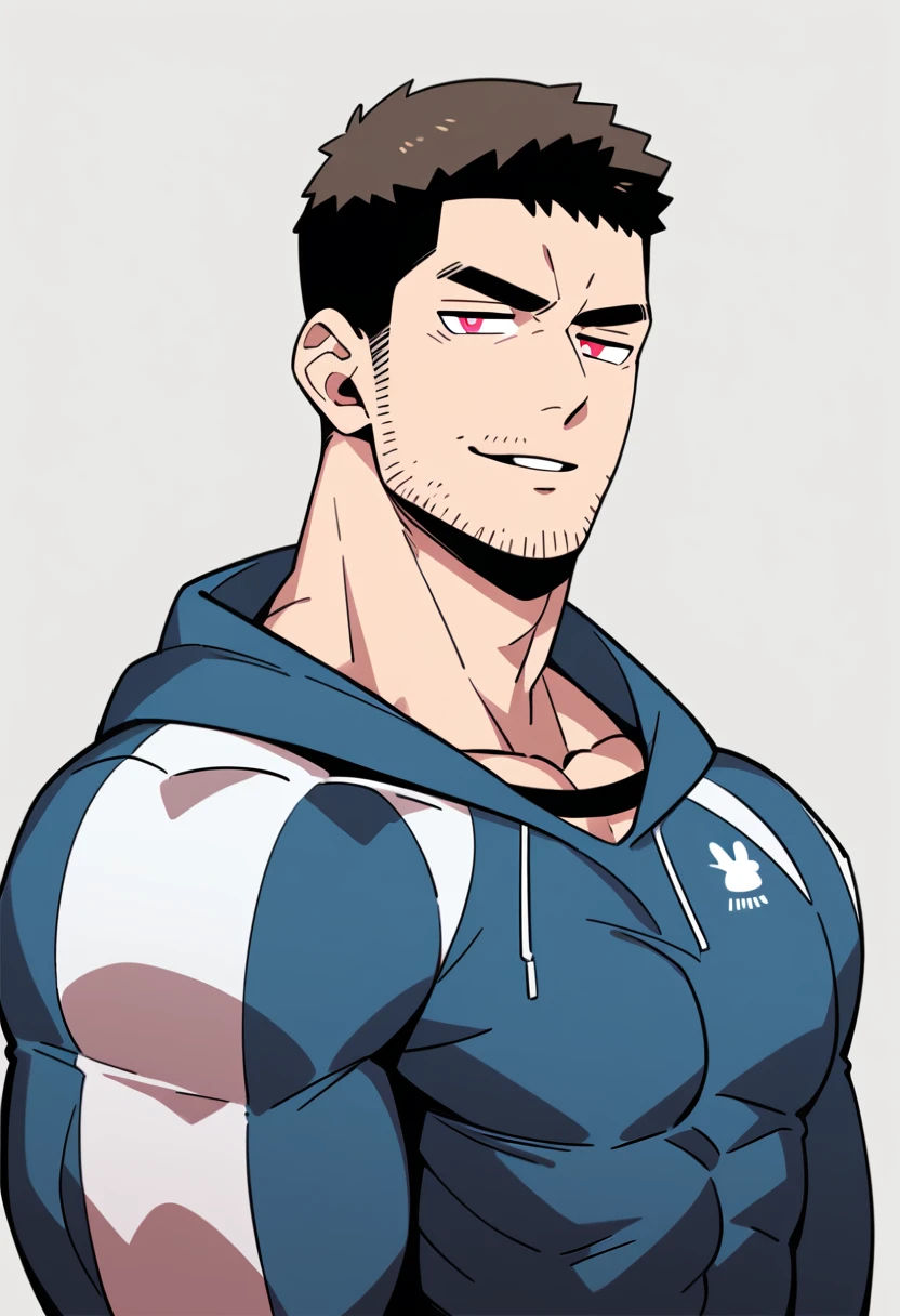 anime characters:Chris Redfield, Muscle Sports Student, Buzz Cut, Manliness, male focus, Sports tight hooded sweatshirt, Wear a black high-necked tights inside, Very tight, full and perky chest muscles, muscular male, muscular, only, Upper body, alone, Red short hair, Thick eyebrows, stubble, Brown-red pupils, White background, simple background, amazing quality, best aesthetics, Ridiculous, crew cut, parted lips, naughty face, jitome, v-shaped eyebrows, negative space, best quality