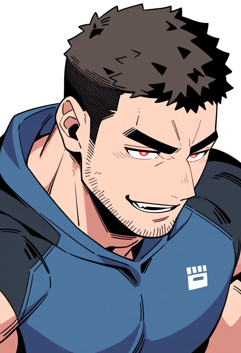 anime characters:Chris Redfield, Muscle Sports Student, Buzz Cut, Manliness, male focus, Sports tight hooded sweatshirt, Wear a black high-necked tights inside, Very tight, full and perky chest muscles, muscular male, muscular, only, Upper body, alone, Red short hair, Thick eyebrows, stubble, Brown-red pupils, White background, simple background, amazing quality, best aesthetics, Ridiculous, crew cut, parted lips, naughty face, jitome, v-shaped eyebrows, negative space, best quality