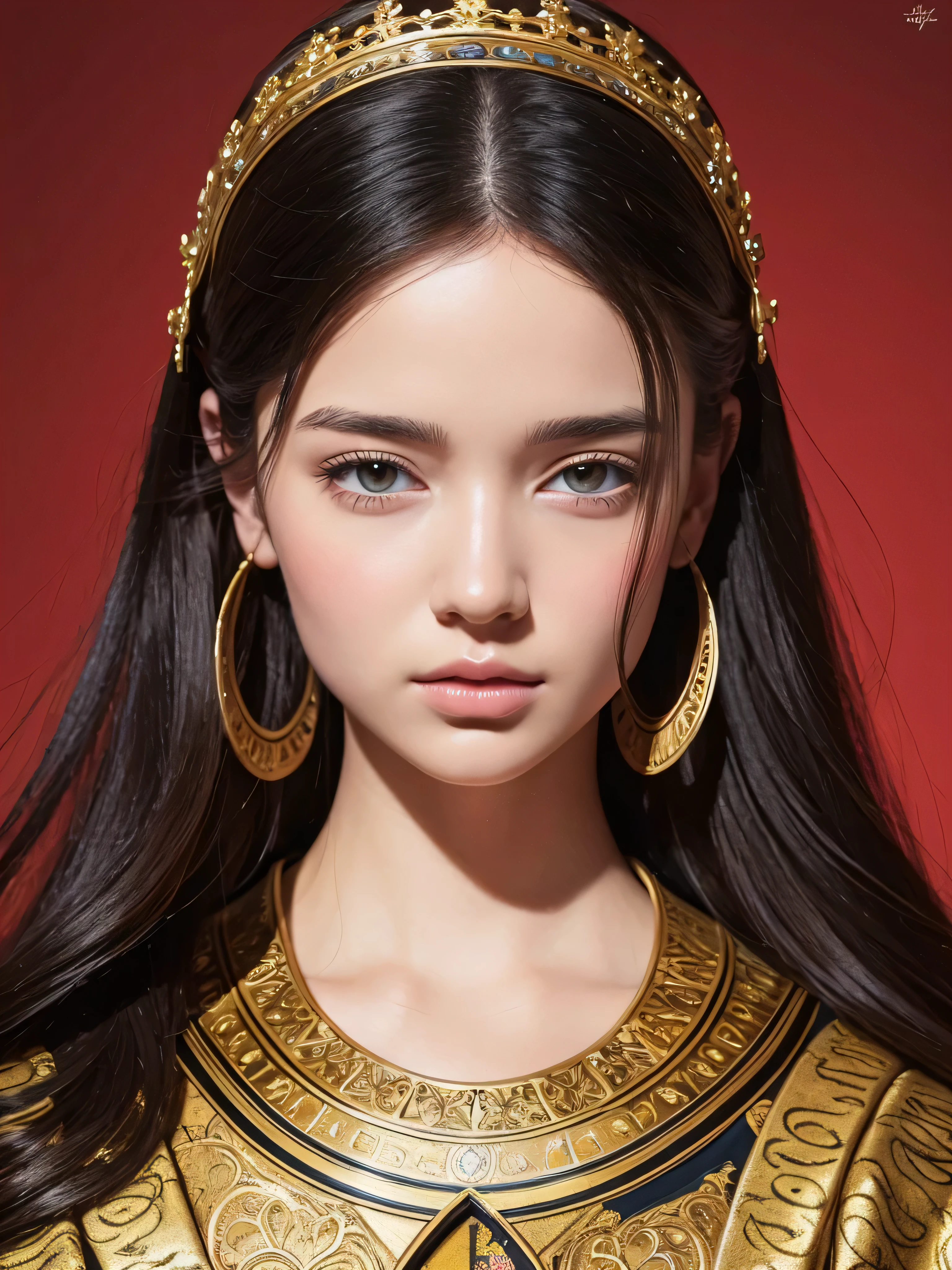 A medieval woman's portrait radiates with vibrant colors and crisp definition, as if painted in oil on canvas. Her intricately detailed attire and voluminous hair are rendered in sharp focus against a subtle background, where simple lines define the subject's regal presence. Outpainted brushstrokes evoke textured, almost three-dimensional effects. The illustration style blends traditional techniques with digital precision, reminiscent of Magali Villeneuve's iconic artistry.