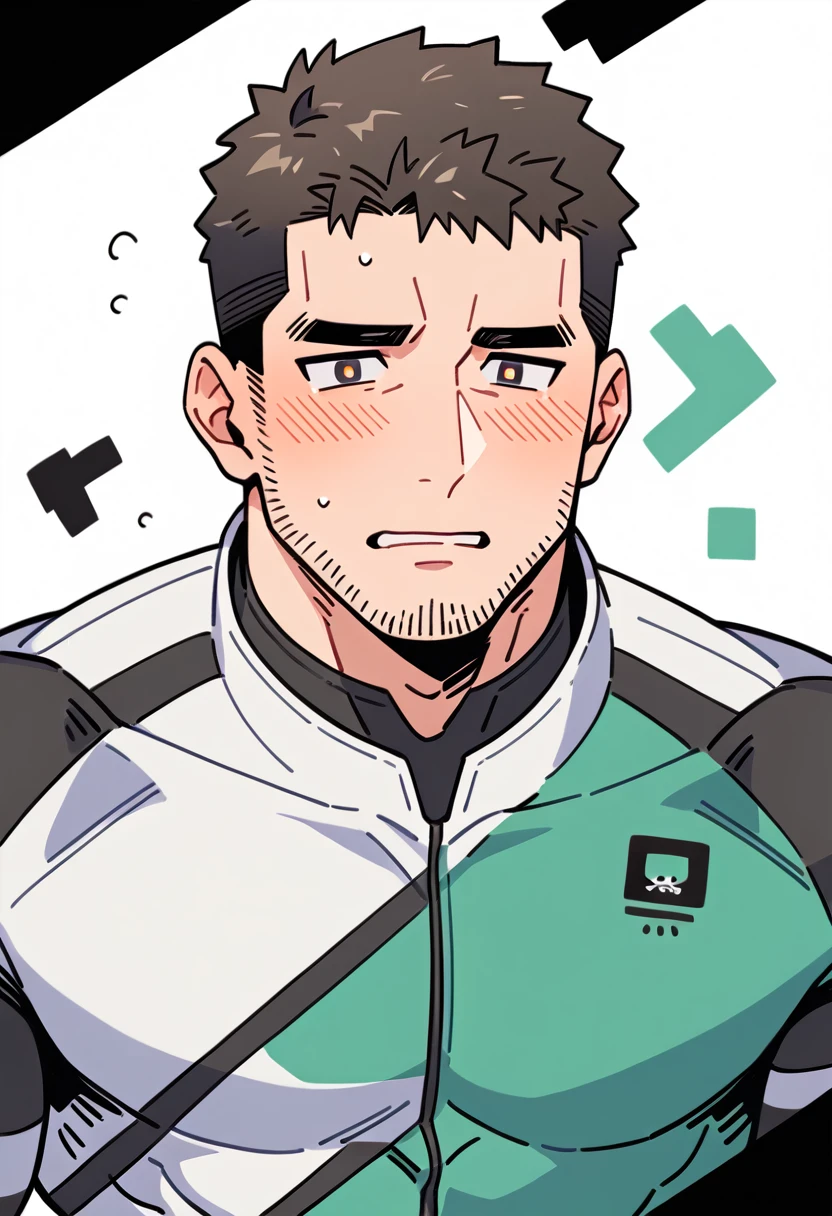 anime characters:Chris Redfield, Muscle Sports Student, Buzz Cut, Manliness, male focus, Yellow and black striped high collar long sleeve tights, Wear a black high-necked tights inside, Very tight, Regular symmetrical pattern, full and perky chest muscles, muscular male, muscular, only, Upper body, alone, Red short hair, Thick eyebrows, stubble, Brown-red pupils, White background, simple background, amazing quality, best aesthetics, Ridiculous, crew cut, parted lips, flustered, endured face, shy, blush, negative space, best quality